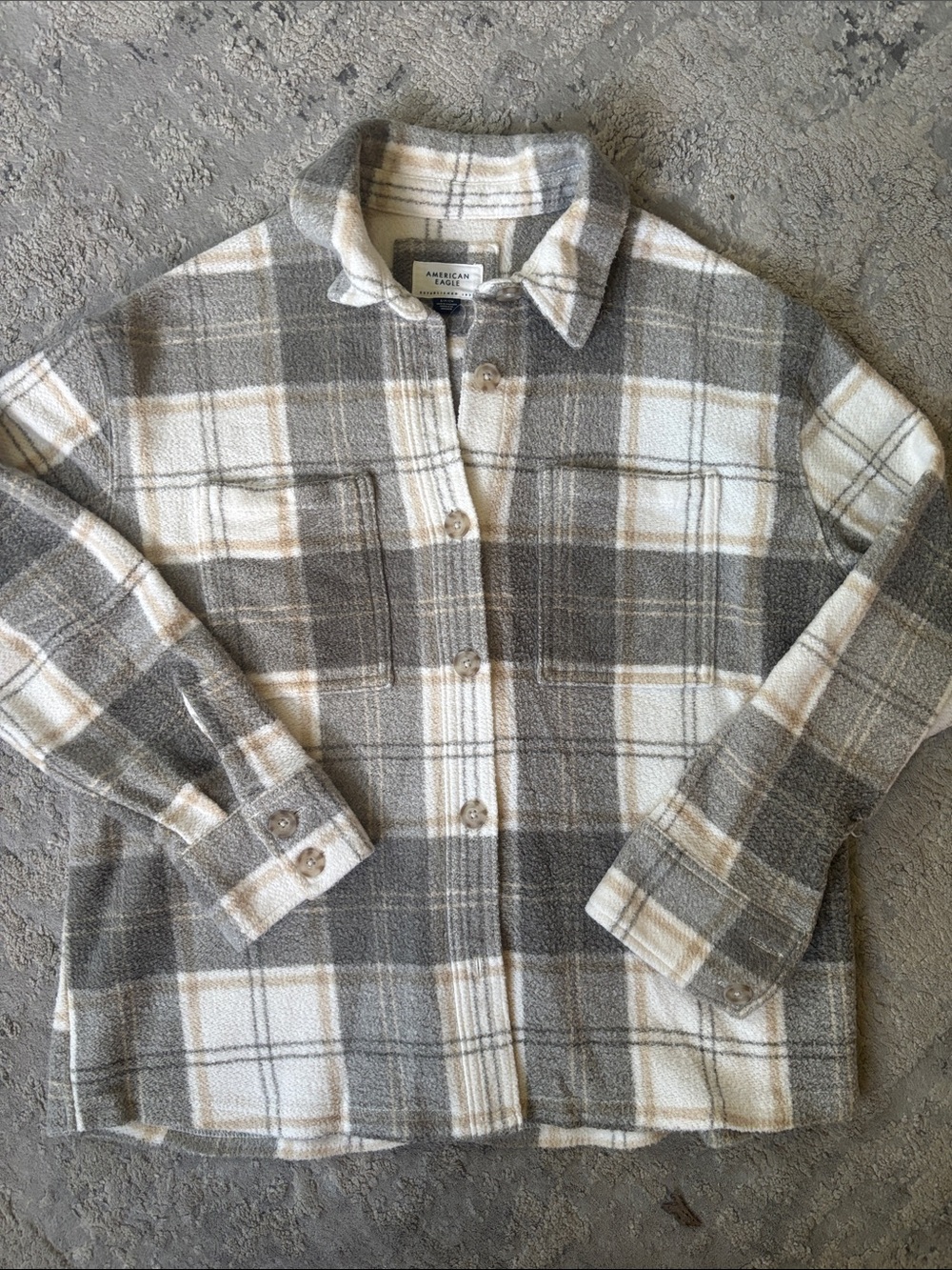 American Eagle Outfitters Plaid Button-Down Shirt Jacket in Gray, Cream, Brown